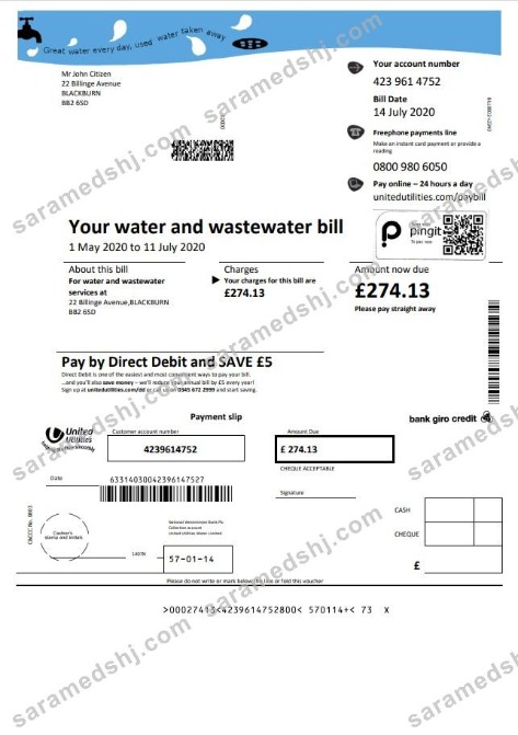 United Kingdom United Utilities water utility bill template in Word and PDF format